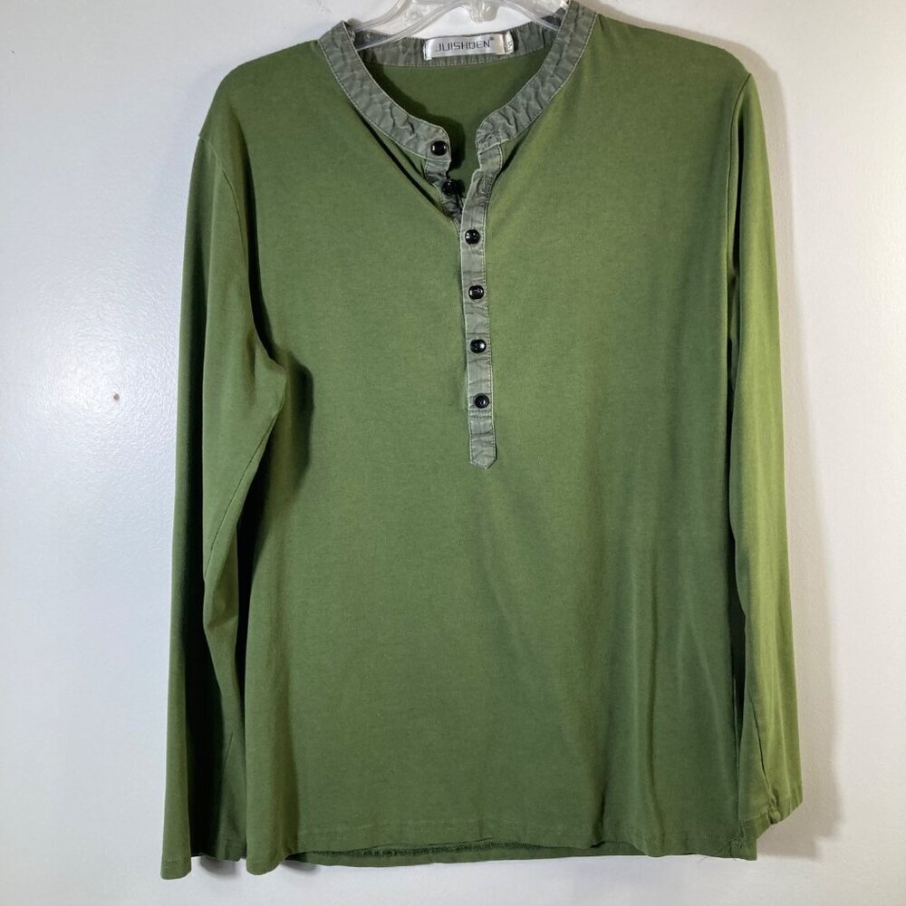 Womens Juishden Button Henley Tee Long Sleeve Green‎ XL